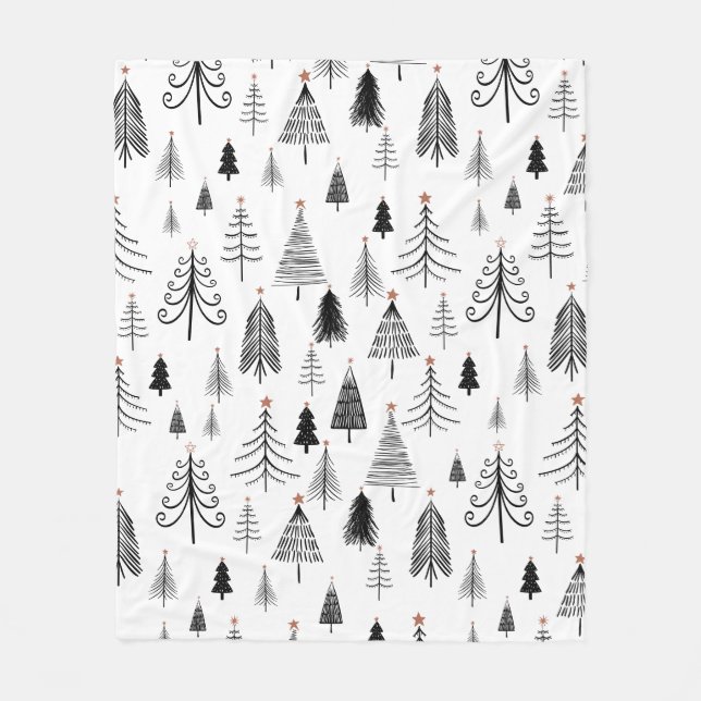 Black White Christmas Tree Pattern Minimalist  Fleece Blanket (Front)