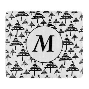 Black White Christmas Tree Pattern Monogram Cutting Board