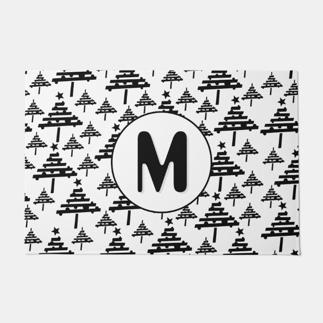 Black White Christmas Tree Pattern Monogram Doormat (Front)