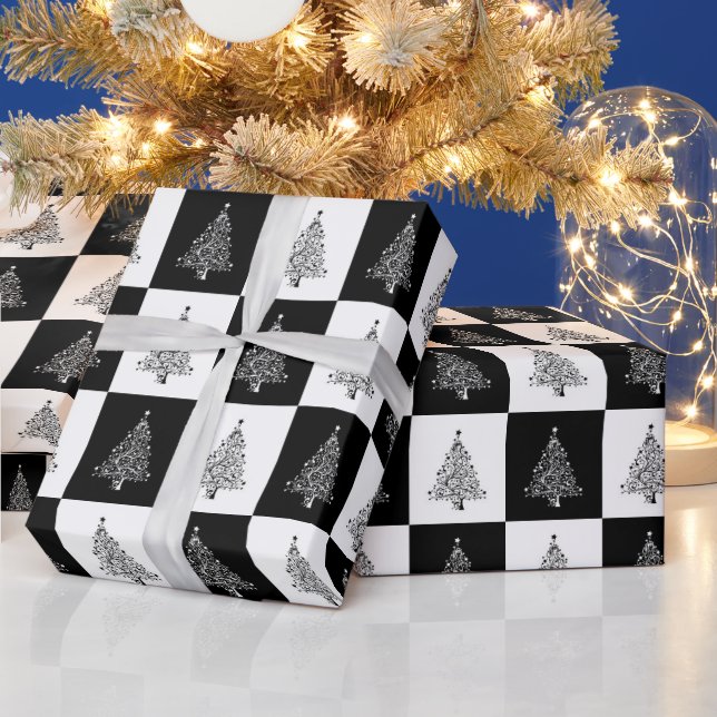 Black White Christmas Tree Pattern Wrapping Paper (Holidays)