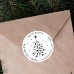 Black & White Christmas Tree Return Address  Classic Round Sticker<br><div class="desc">This round sticker features a rustic black Christmas tree with a star,  round ornaments,  snow,  and a return address. For more advanced customisation of this design,  please click the "customise further" link.</div>