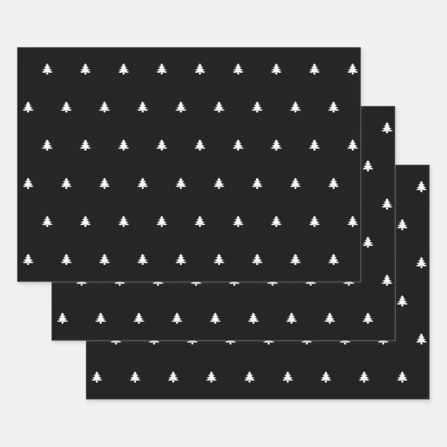 Black/White Christmas Tree Simple Icon Pattern Wrapping Paper Sheet (Set)