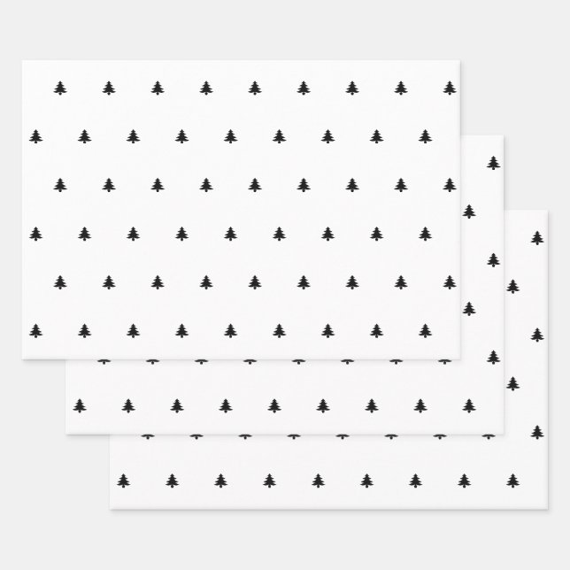 Black/White Christmas Tree Simple Icon Pattern Wrapping Paper Sheet (Set)