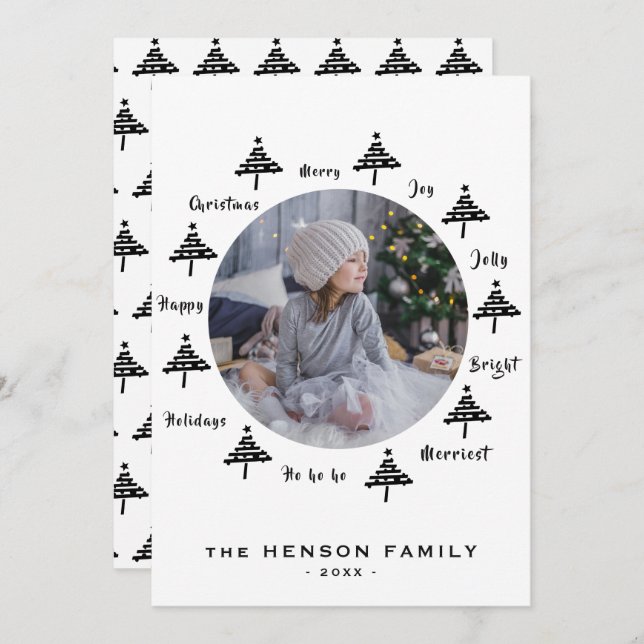 Black & White Christmas Tree Wishes Family Photo Holiday Card (Front/Back)