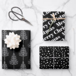 Black, white Christmas, trees, polka dots holiday Wrapping Paper Sheet<br><div class="desc">Black and white Merry Christmas, trees and polka dots holiday Wrapping Paper Sheets. The first sheet features white winter trees on black background. The second showcases the text :"Merry Christmas" in bold typography and the third displays polka dots-snow. Personalise it with your text. Please note that if your text takes...</div>