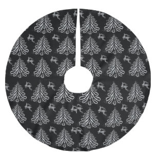 BLACK & WHITE CHRISTMAS TREES & REINDEER BRUSHED POLYESTER TREE SKIRT