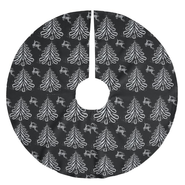 BLACK & WHITE CHRISTMAS TREES & REINDEER BRUSHED POLYESTER TREE SKIRT (Front)
