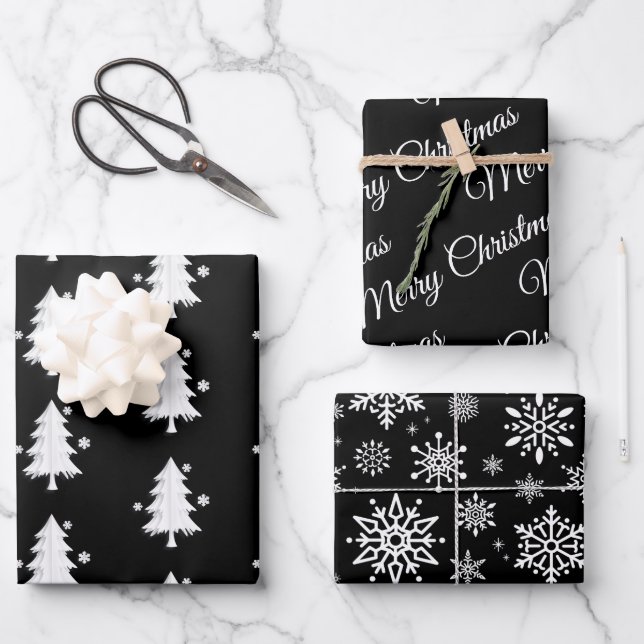 Black, white Christmas, Trees, Snowflakes holiday  Wrapping Paper Sheet (Front)