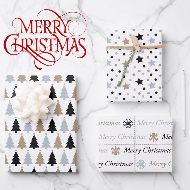  Black White Christmas Trees Stars 3 Coordinating Wrapping Paper Sheet (Creator Uploaded)