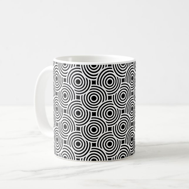 Black White Circle Discs Ripple Op-Art Pattern Coffee Mug (Front Left)