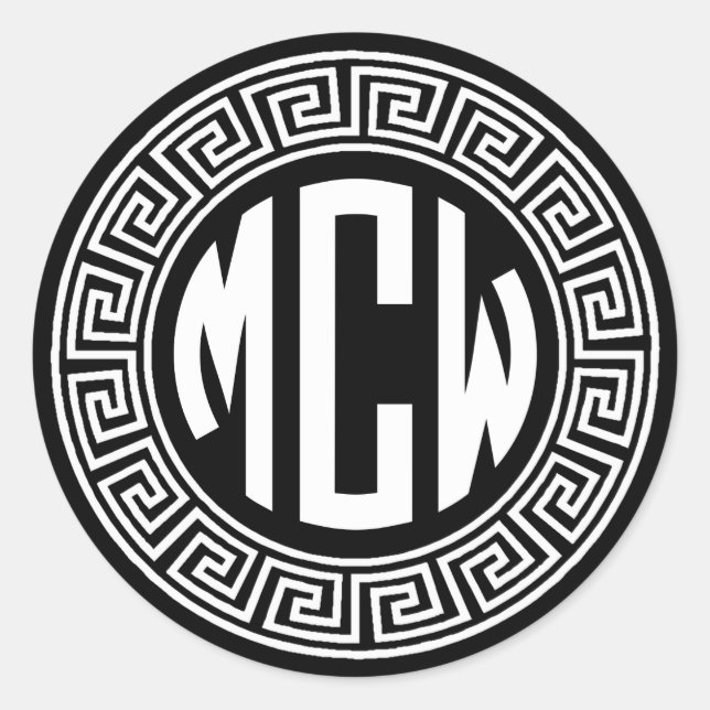 Black White Circle Monogram Font Greek Key Frame Classic Round Sticker (Front)