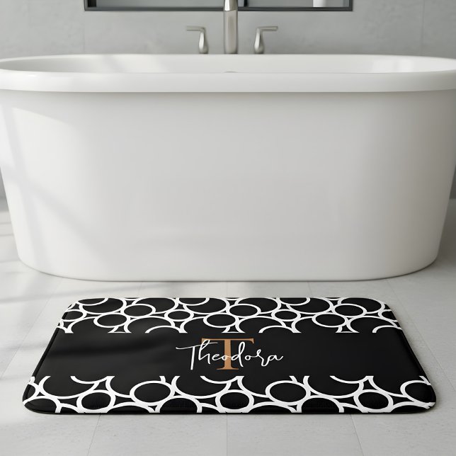 Black & White Circle Pattern with Monogram Bath Mat (personalized bath mat in black and white)