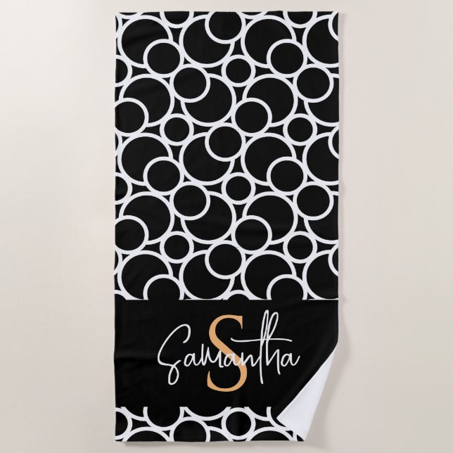 Black & White Circle Pattern with Monogram Beach Towel (Front)