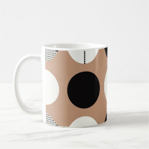 Black, white circles, brown background. coffee mug