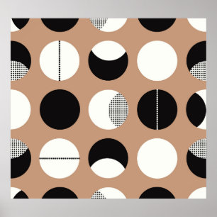 Black, white circles, brown background. poster