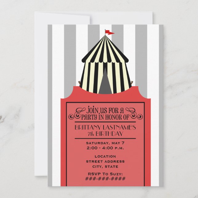 Black & White Circus Tent with Red Ticket Birthday Invitation (Front)