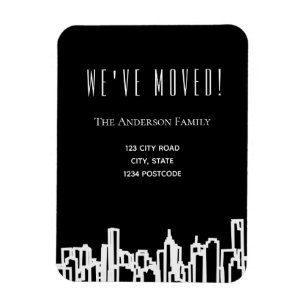 Black white city skyline we moved announcement magnet