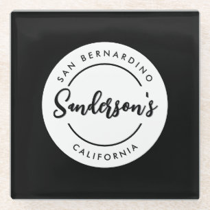 Black White City Town Place Location Name Circle Glass Coaster