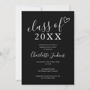 Black White Class of Script Heart Graduation Party Invitation