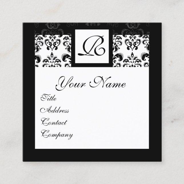 BLACK WHITE CLASSIC DAMASK SQUARE MONOGRAM BUSINESS CARD (Front)