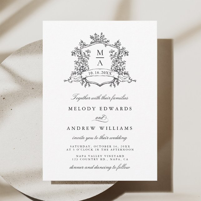 Black & White Classic Floral Crest Wedding Invitation (Creator Uploaded)