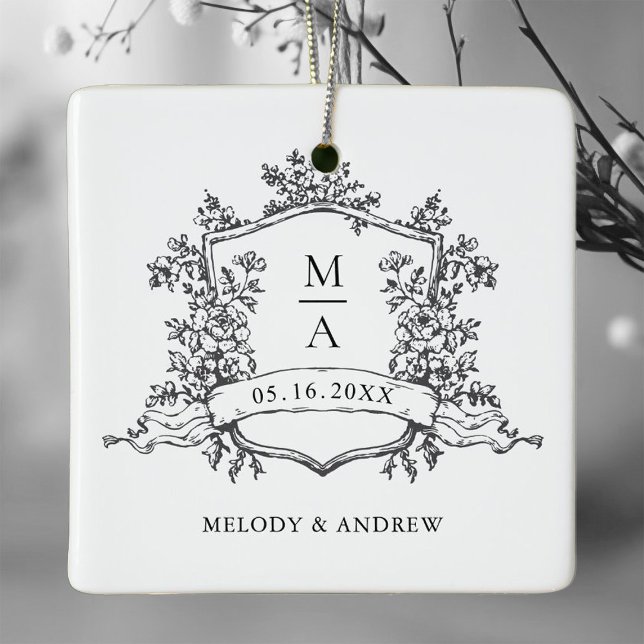 Black & White Classic Floral Crest Wedding Photo  Ceramic Ornament (Creator Uploaded)