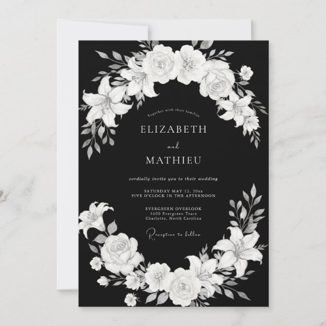 Black White Classic Floral Romance Wedding Invitation (Front)