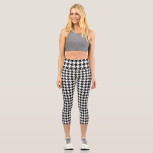 Black White Classic Houndstooth Check Capri Leggings