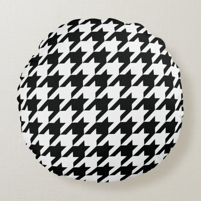 Black White Classic Houndstooth Check Round Cushion (Front)