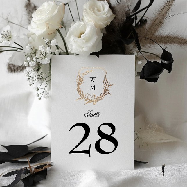 black white classic monogram wedding gold crest table number (Creator Uploaded)