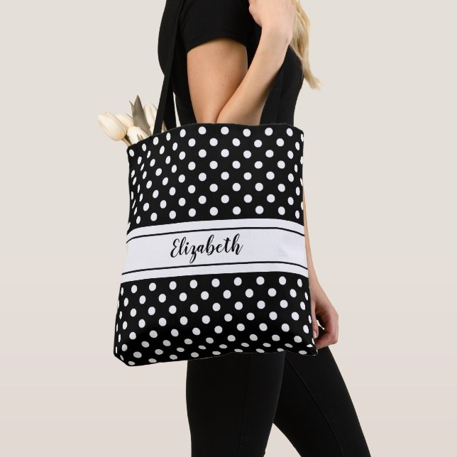 Black White Classic Polka Dot Pattern Name Tote Bag (Close Up)