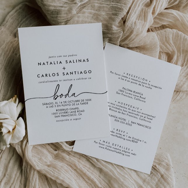 Black White Classic Spanish Front & Back Wedding Invitation (Creator Uploaded)