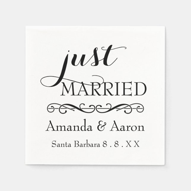 Black White Classic Wedding Just Married Napkin (Front)