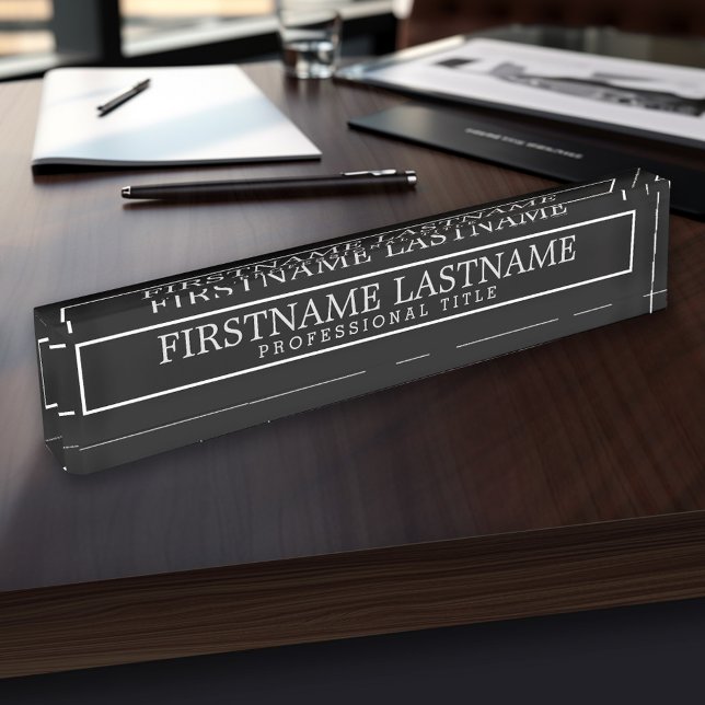 Black White Classy Border Name Professional Title Nameplate (Personalized Name Plate - Custom Logo Executive Desk Plate with Name and Professional Title)