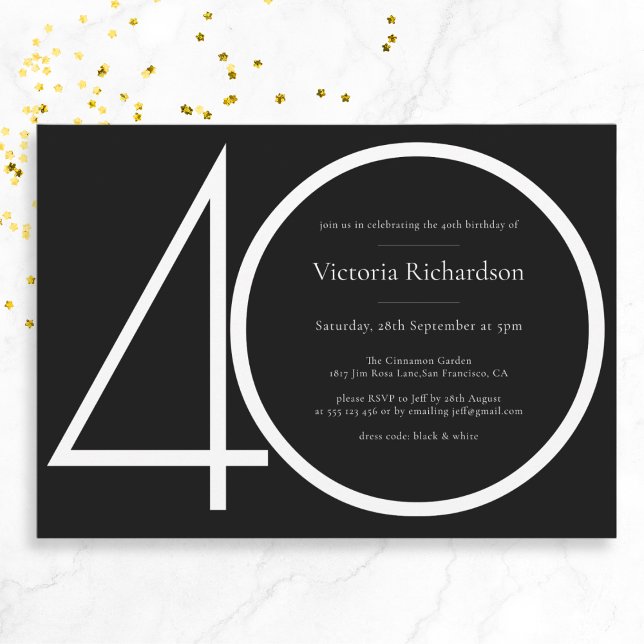 Black White Classy Modern Minimalist 40th Birthday Invitation (Mockup View)