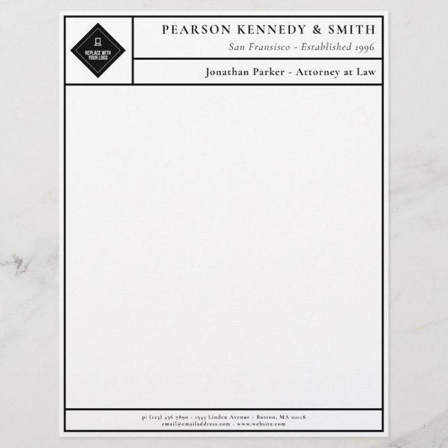 Black White Clean Lines Minimalist Your Logo Custom Letterhead (Front)
