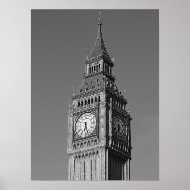 Black White Close up Big Ben Clock Tower London Poster (Front)