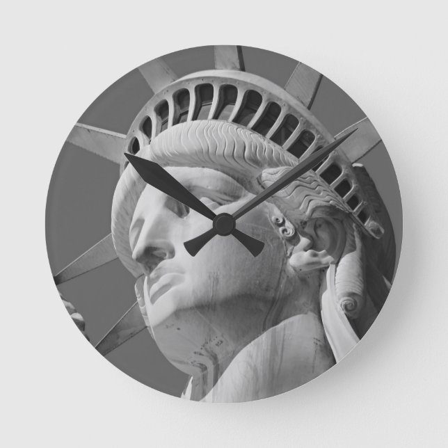 Black & White Close-up Statue of Liberty Round Clock (Front)