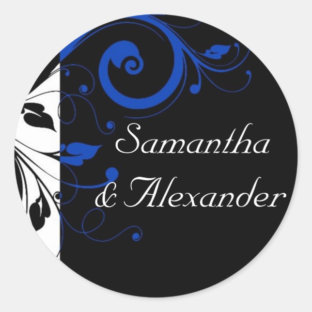 Black/White/Cobalt Blue Bold Swirl Wedding Classic Round Sticker (Front)