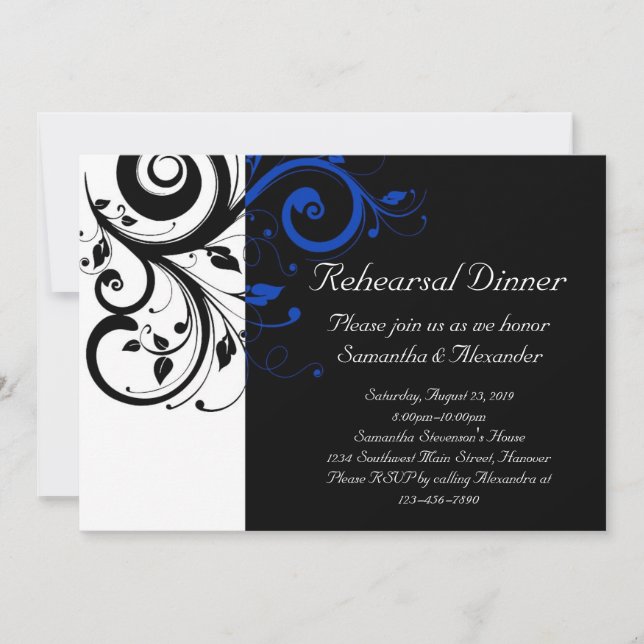Black/White/Cobalt Blue Bold Swirl Wedding Invitation (Front)