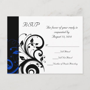 Black/White/Cobalt Blue Bold Swirl Wedding Invitation Postcard