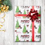 Black White Cocker Spaniel, Bird, Christmas Tree Wrapping Paper<br><div class="desc">The repeated pattern on this cute Christmas wrapping paper is an image of an adorable black and white parti colour Cocker Spaniel wearing a Santa hat and red bow. The dog sits among brightly wrapped gift packages beside a decorated Christmas tree. A bullfinch bird is landing on the tree behind...</div>