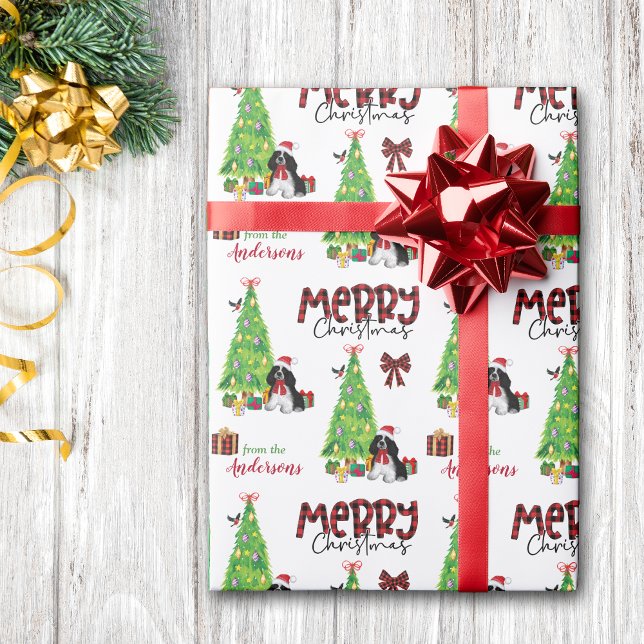Black White Cocker Spaniel, Bird, Christmas Tree Wrapping Paper (Creator Uploaded)