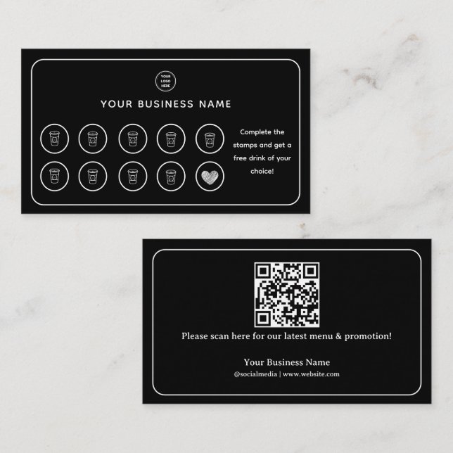 Black & White Coffee Cup QR Code Add Your Logo Loyalty Card (Front/Back)