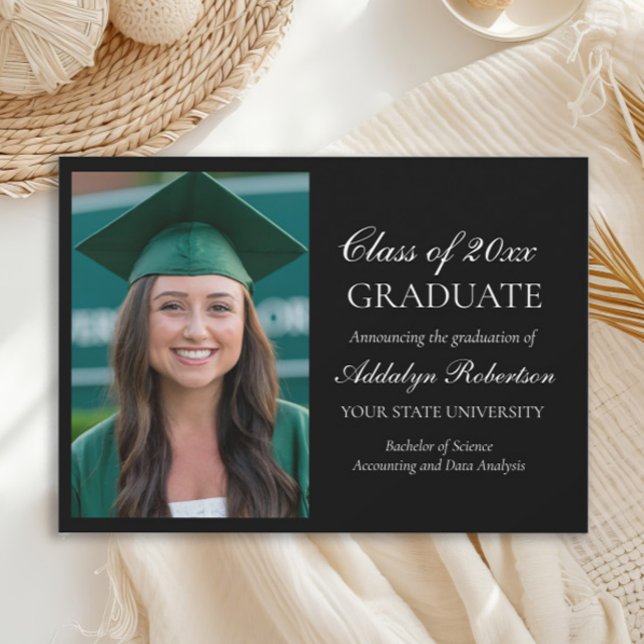 Black White College University Photo Graduation Announcement (Elegant script black graduation photo announcement)