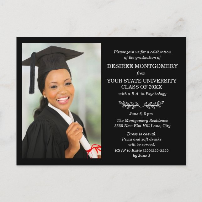Black White College University Photo Graduation Invitation Postcard (Front)