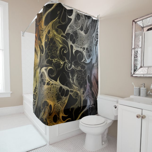 BLACK WHITE COLORFUL SWIRLING WAVY  SHOWER CURTAIN (In Situ)