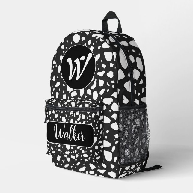 Black & White Colour - Initial Name & Monogrammed Printed Backpack (Back Corner Right)