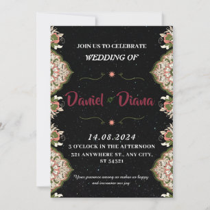 Black & white,colourful floral decorations weddin invitation