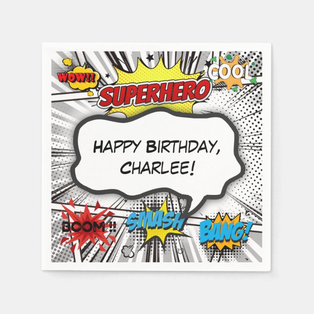 Black & White Comic Book Superhero Birthday Party Napkin (Front)